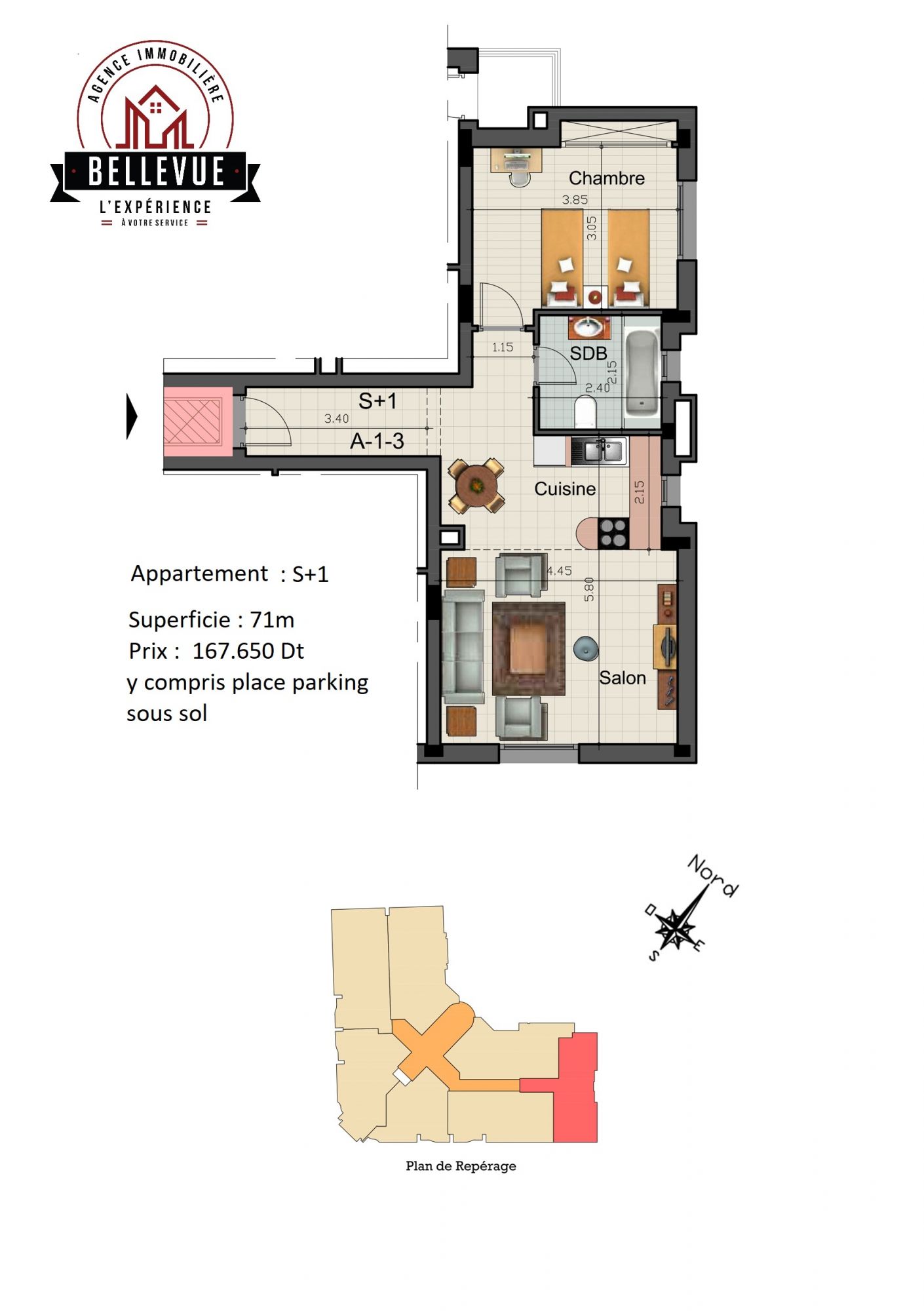 Appartement s+1 à vendre réf b v